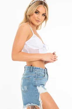 Rebellious Fashion White Lace Up Mesh Detail Plunge Crop Top - Mimi