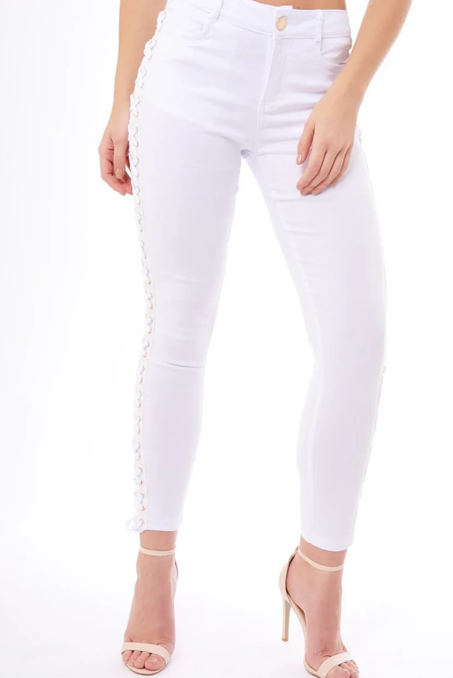 Rebellious Fashion White Lace Up Sides Skinny Denim Jeans - Mallie