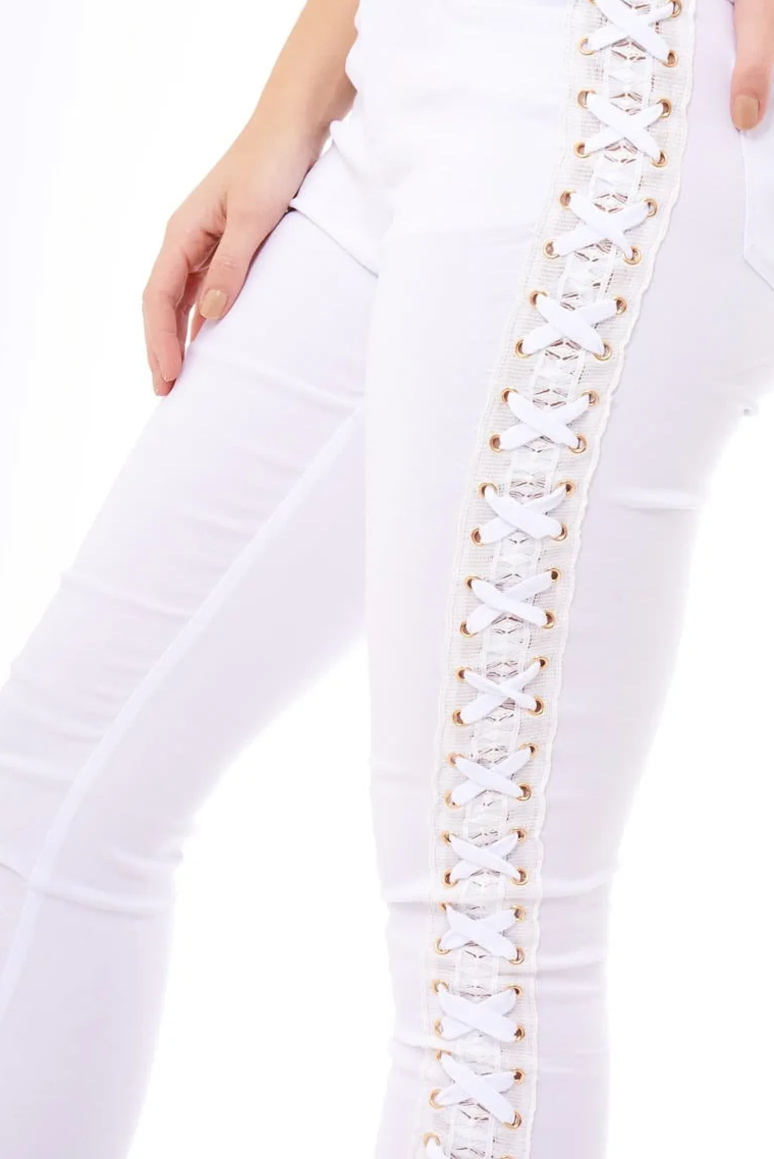 Rebellious Fashion White Lace Up Sides Skinny Denim Jeans - Mallie