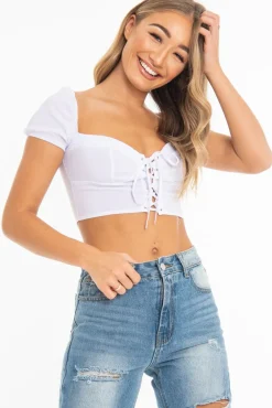 Rebellious Fashion White Lace Up Sweetheart Puff Sleeve Crop Top - Kandis
