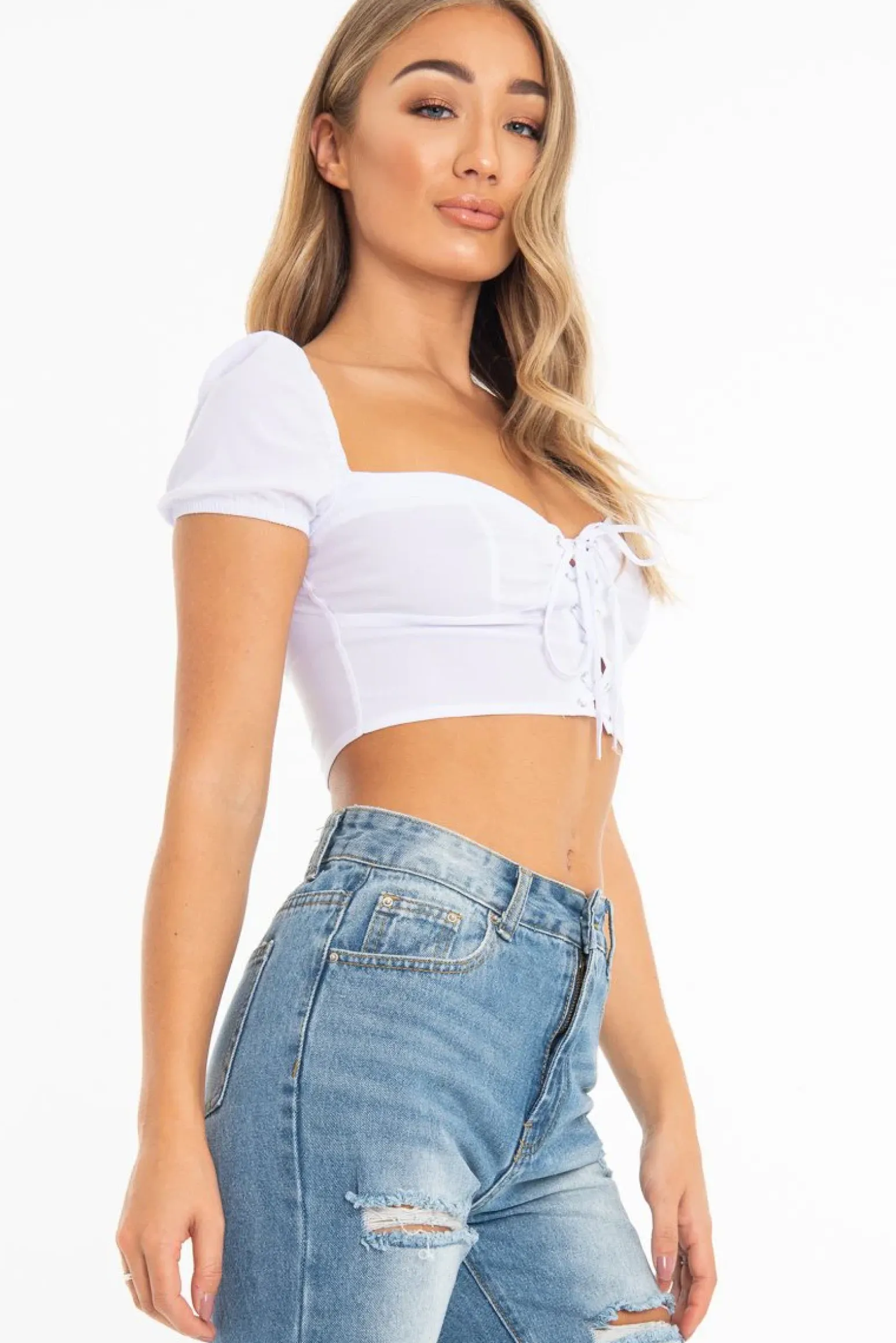 Rebellious Fashion White Lace Up Sweetheart Puff Sleeve Crop Top - Kandis