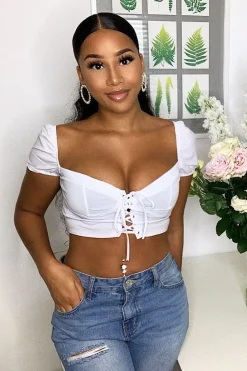 Rebellious Fashion White Lace Up Sweetheart Puff Sleeve Crop Top - Kandis