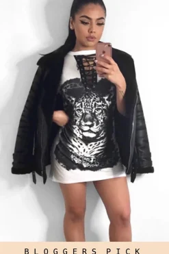 Rebellious Fashion White Lace Up Tiger T-shirt Dress - Mali