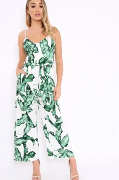 Rebellious Fashion White Leaf Print Awkward Length Jumpsuit - Tallia