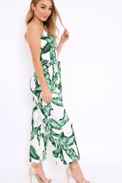 Rebellious Fashion White Leaf Print Awkward Length Jumpsuit - Tallia