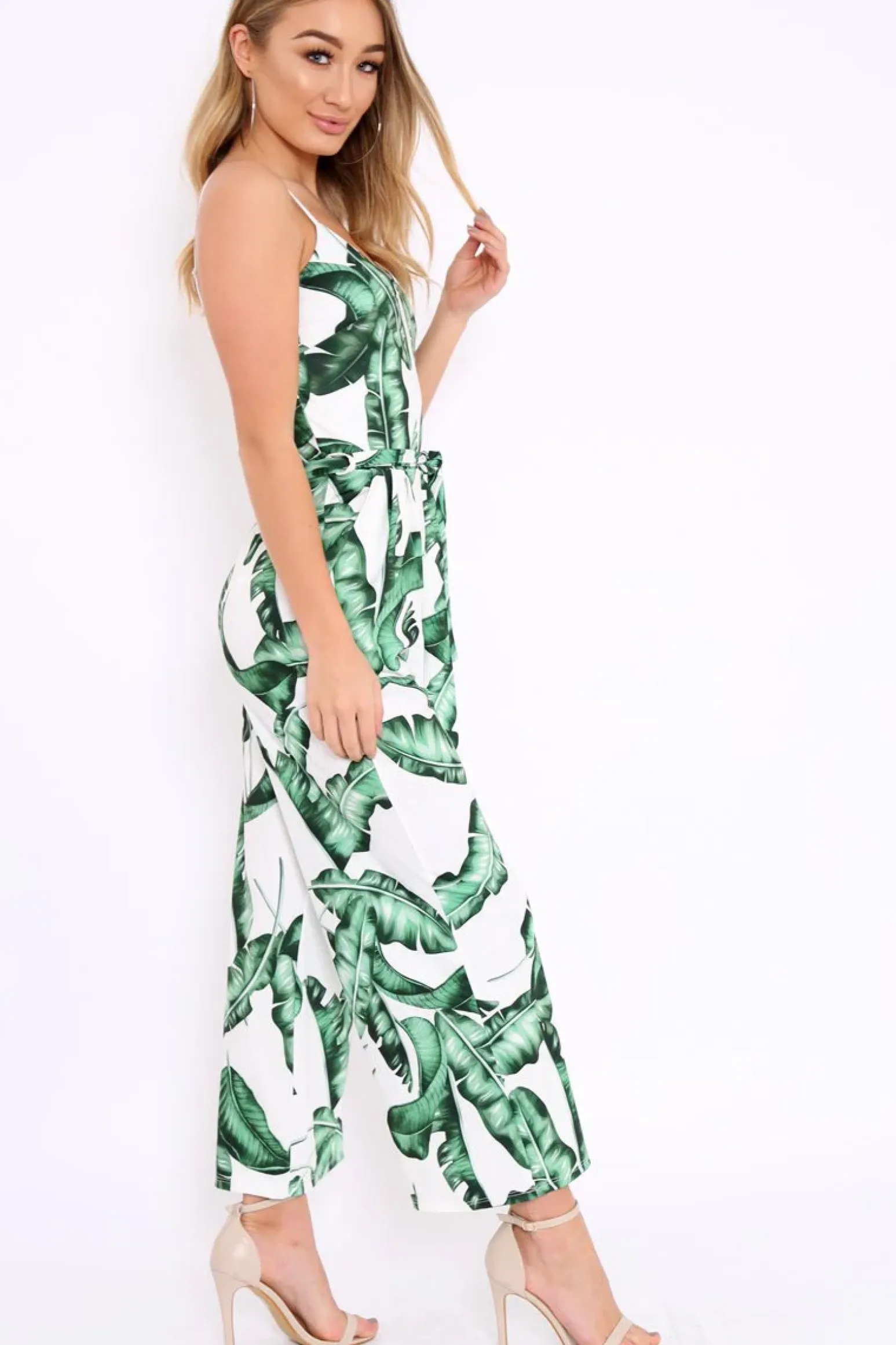 Rebellious Fashion White Leaf Print Awkward Length Jumpsuit - Tallia