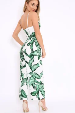 Rebellious Fashion White Leaf Print Awkward Length Jumpsuit - Tallia