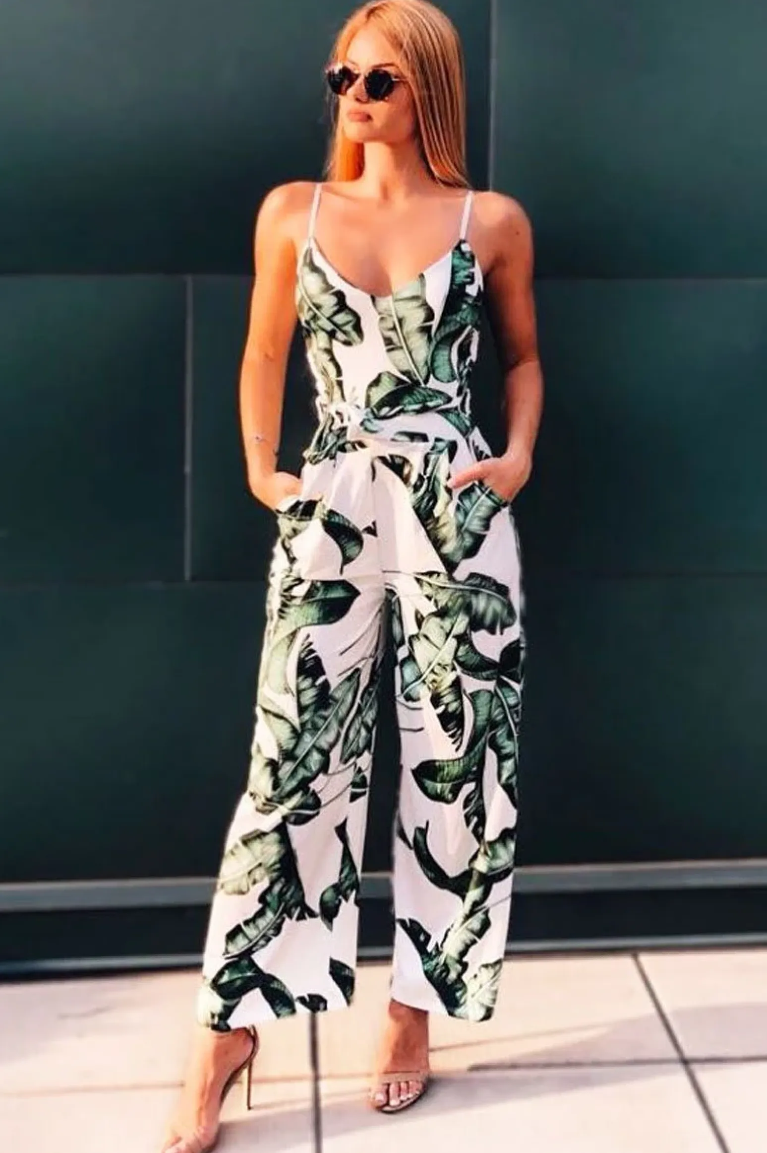 Rebellious Fashion White Leaf Print Awkward Length Jumpsuit - Tallia