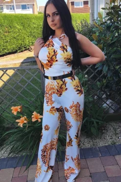 Rebellious Fashion White Leaf Print Twist Front Belted Jumpsuit - Rainn