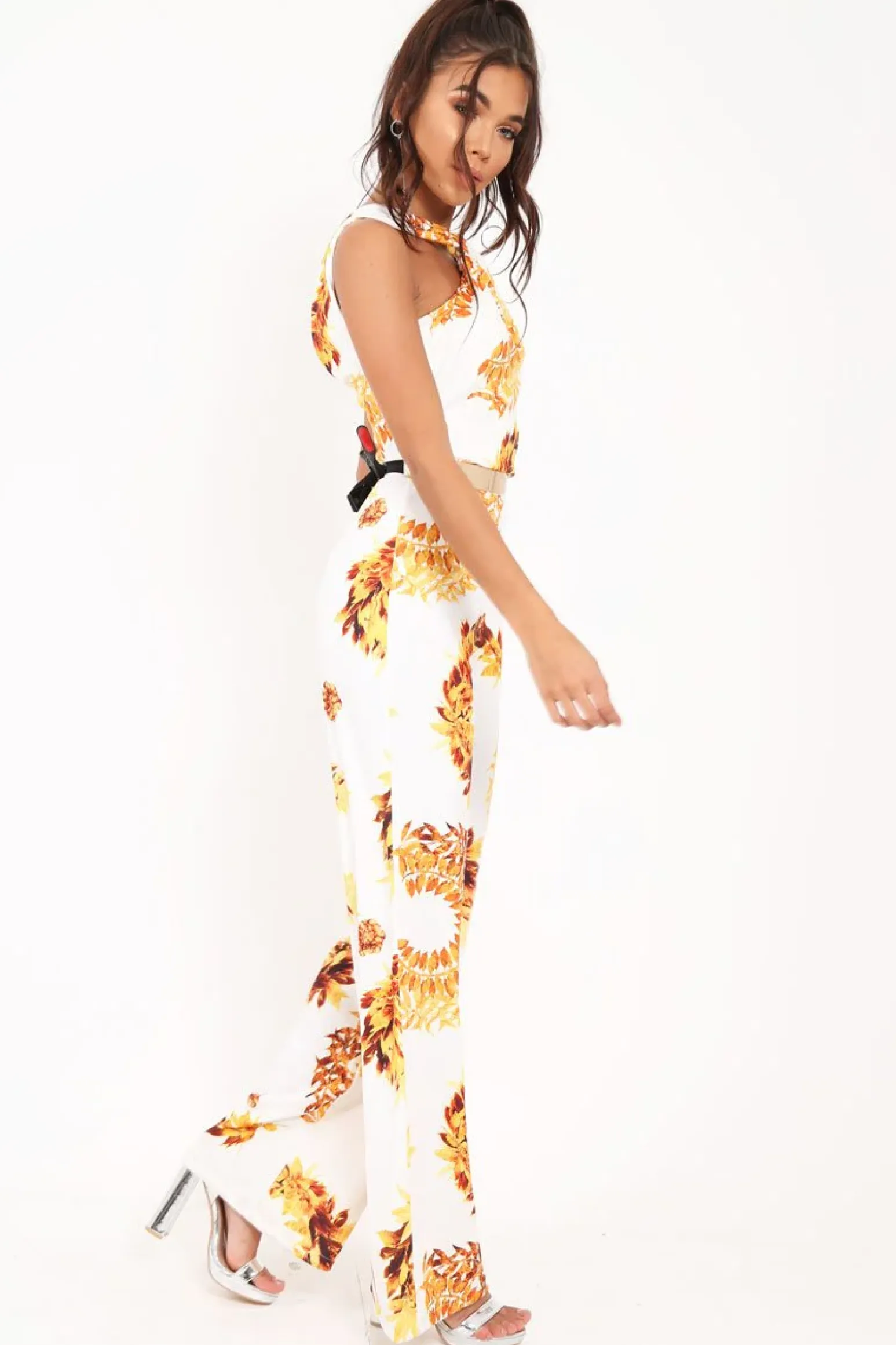 Rebellious Fashion White Leaf Print Twist Front Belted Jumpsuit - Rainn