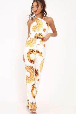 Rebellious Fashion White Leaf Print Twist Front Belted Jumpsuit - Rainn