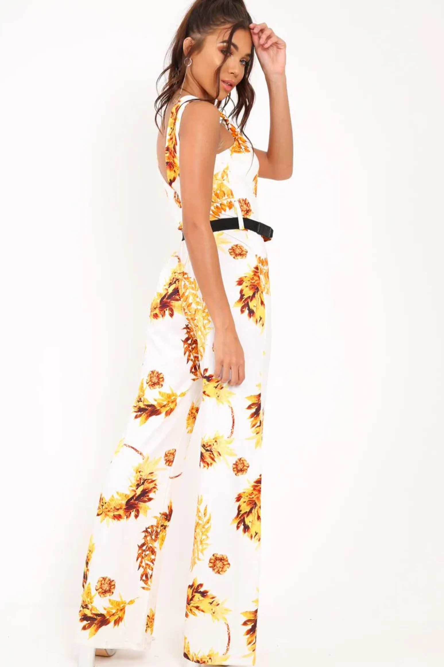 Rebellious Fashion White Leaf Print Twist Front Belted Jumpsuit - Rainn