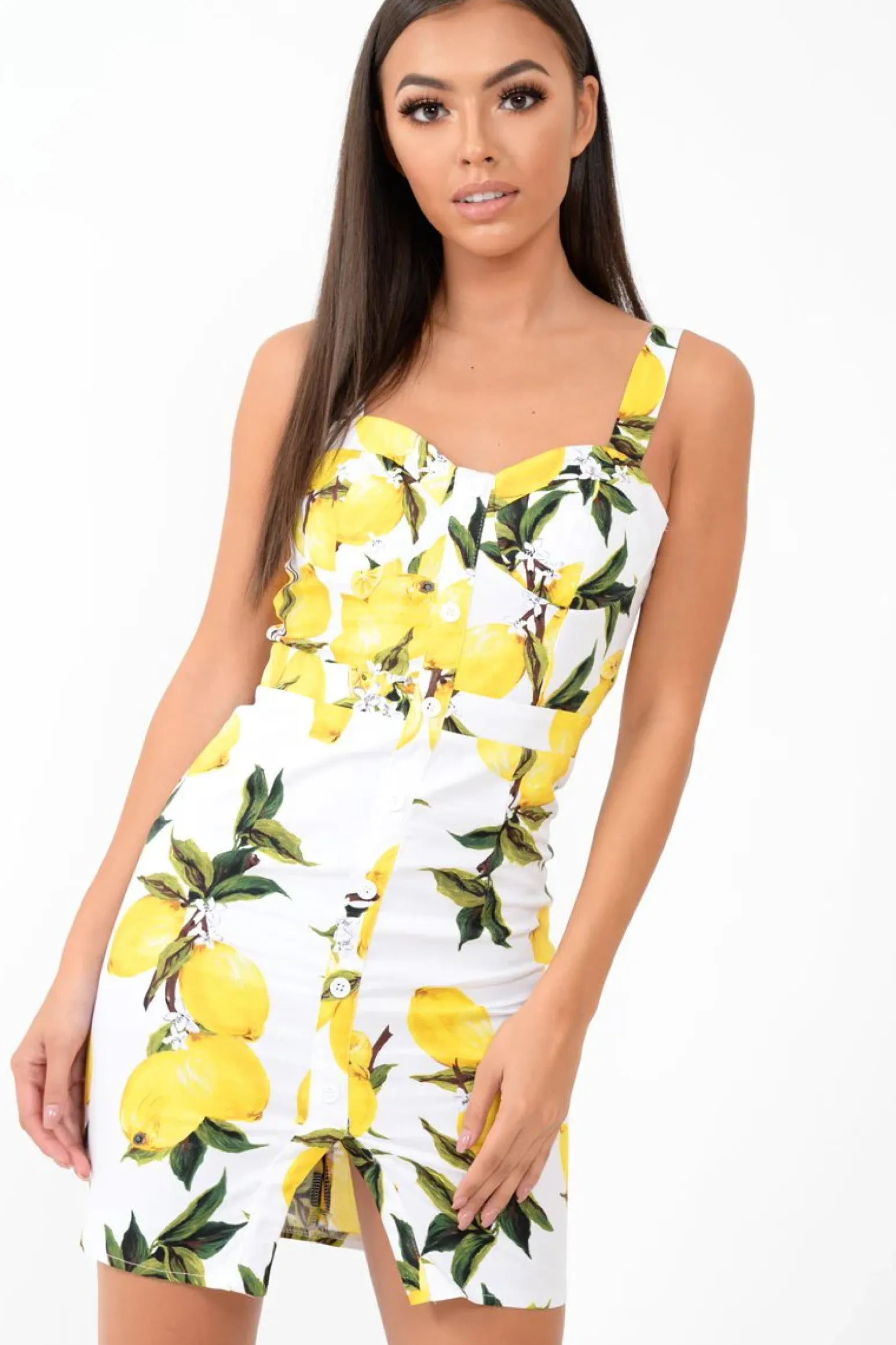 Rebellious Fashion White Lemon Print Button Front Woven Mini Dress - Emillie