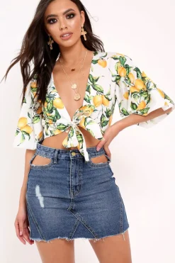 Rebellious Fashion White Lemon Print Satin Tie Crop Top - Alara