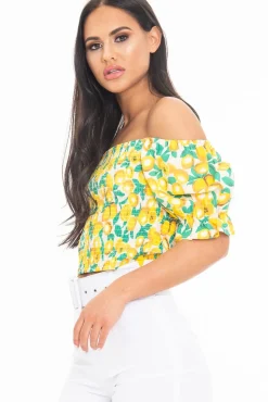 Rebellious Fashion White Lemon Print Shirred Bardot Puff Sleeve Crop Top - Agnes