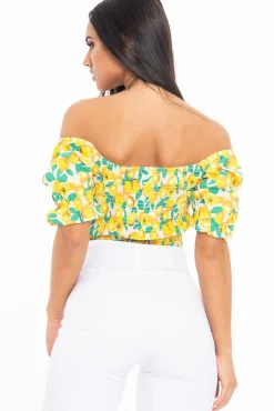 Rebellious Fashion White Lemon Print Shirred Bardot Puff Sleeve Crop Top - Agnes