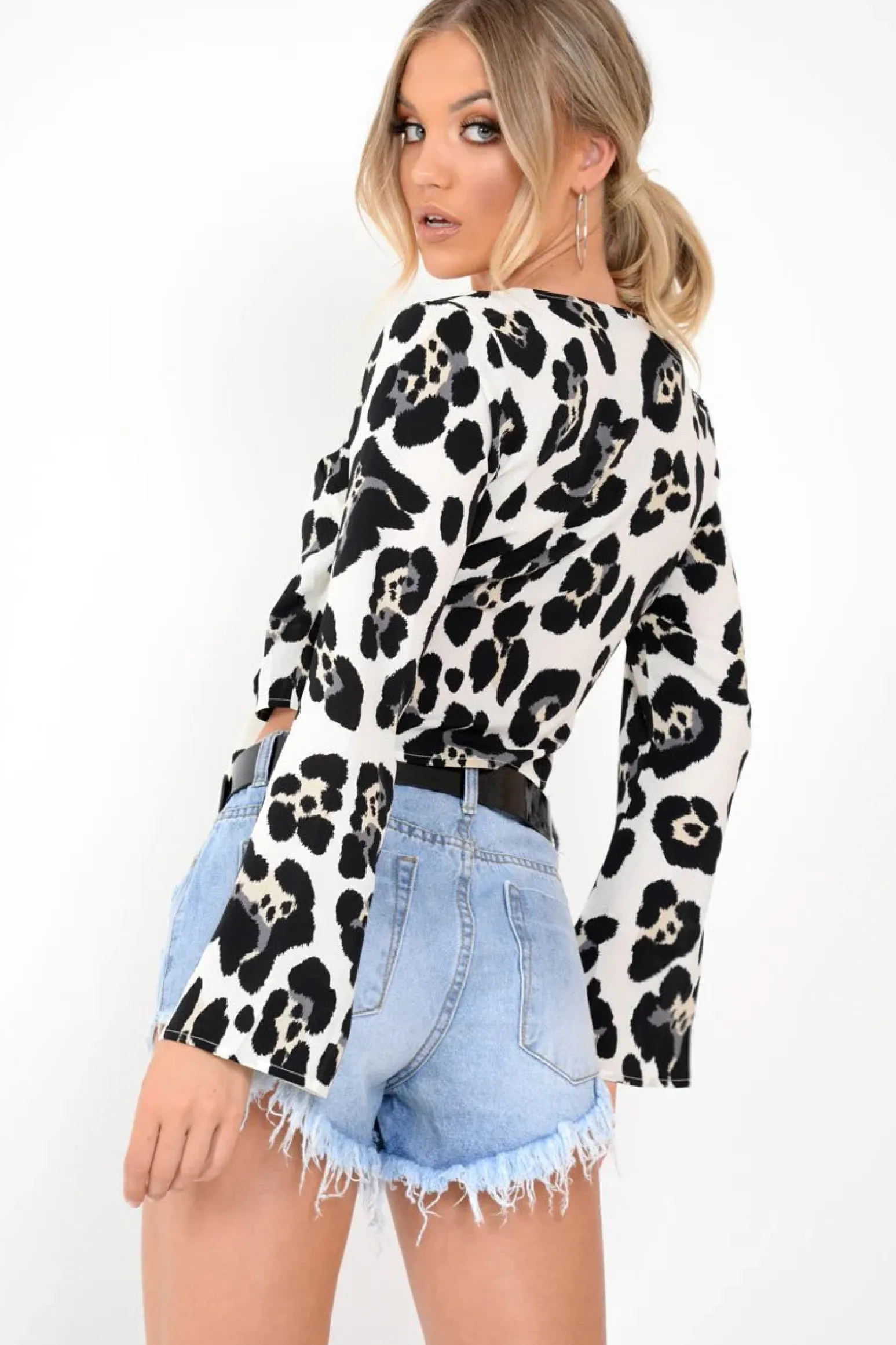 Rebellious Fashion White Leopard Flare Sleeve Tie Crop Blouse - Coralie