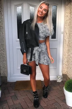 Rebellious Fashion White Leopard Frill Crop Top And Shorts Co-Ord - Manuella