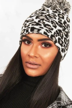 Rebellious Fashion White Leopard Knit Pom Pom Hat - Kela