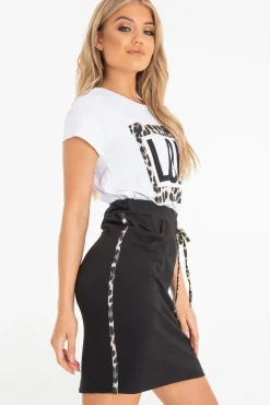 Rebellious Fashion White Leopard Print Slogan T-Shirt Midi Skirt Co-Ord - Morgan