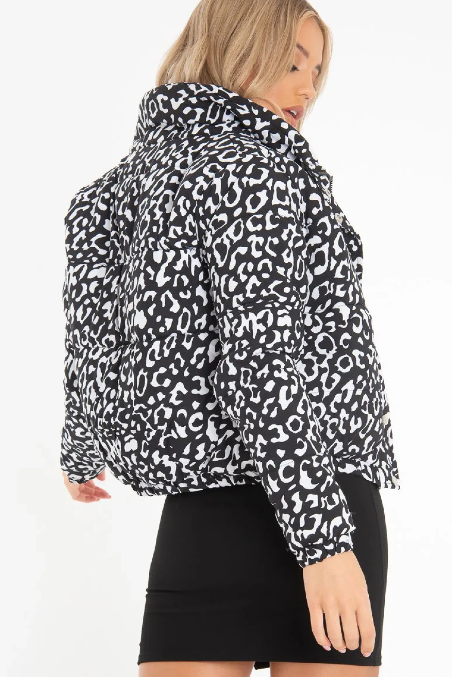 Rebellious Fashion White Leopard Print Zip Front Puffer Coat - Lidya