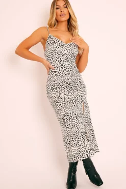 Rebellious Fashion White Leopard Side Split Midi Dress - Tollie