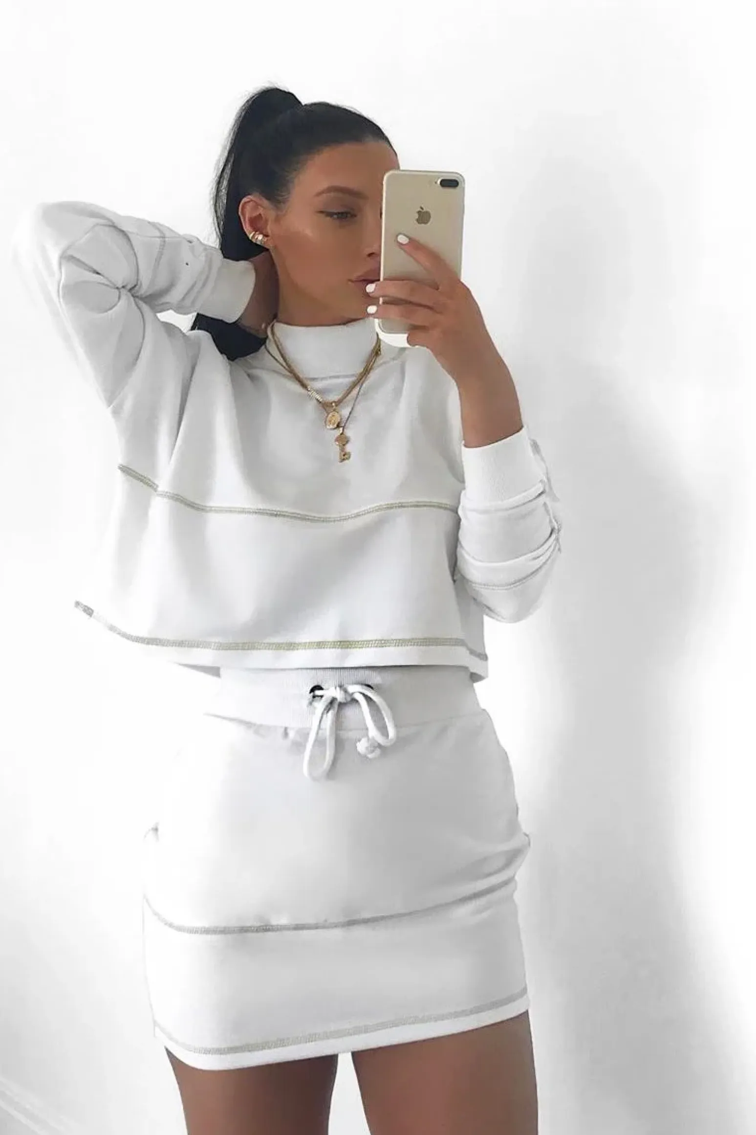 Rebellious Fashion White Lime Contrast Stitch Crop Jumper Skirt Co-ord - Keva