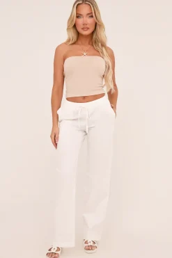 Rebellious Fashion White Linen Look Straight Leg Trousers - Hilda