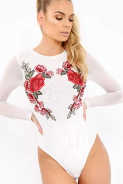 Rebellious Fashion White Long Sleeves Floral Mesh Bodysuit - Daphne