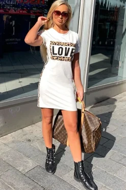 Rebellious Fashion White Love Slogan Leopard Midi T-shirt Dress - Kloie