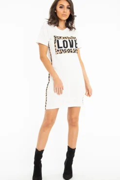 Rebellious Fashion White Love Slogan Leopard Midi T-shirt Dress - Kloie