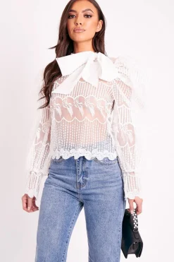 Rebellious Fashion White Mesh Embroidery Design Bow Neck Blouse - Jackson