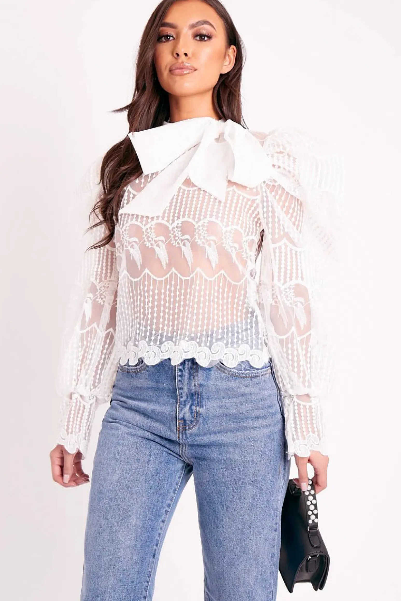 Rebellious Fashion White Mesh Embroidery Design Bow Neck Blouse - Jackson