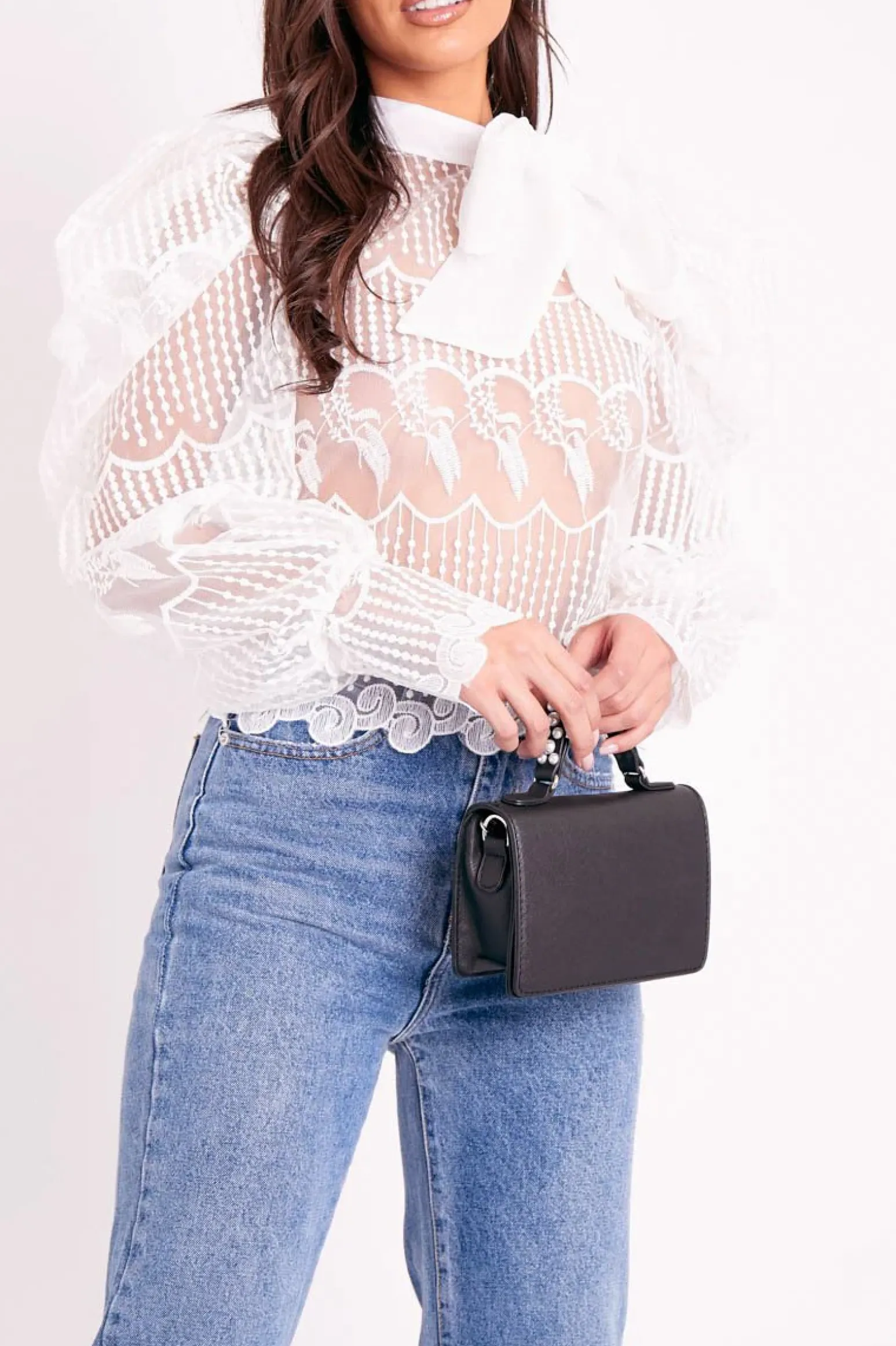 Rebellious Fashion White Mesh Embroidery Design Bow Neck Blouse - Jackson