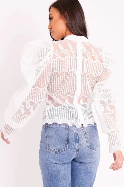 Rebellious Fashion White Mesh Embroidery Design Bow Neck Blouse - Jackson