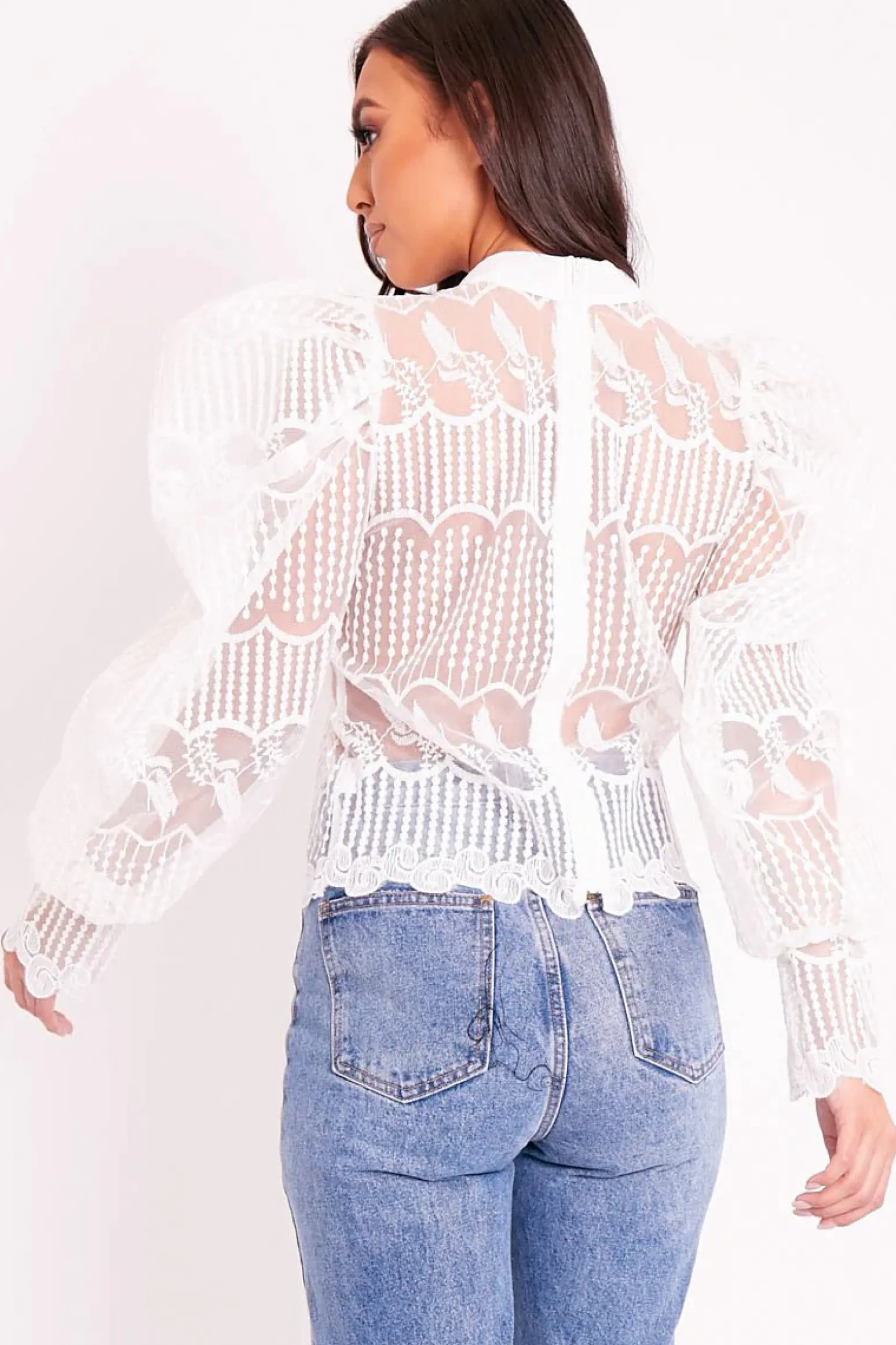 Rebellious Fashion White Mesh Embroidery Design Bow Neck Blouse - Jackson