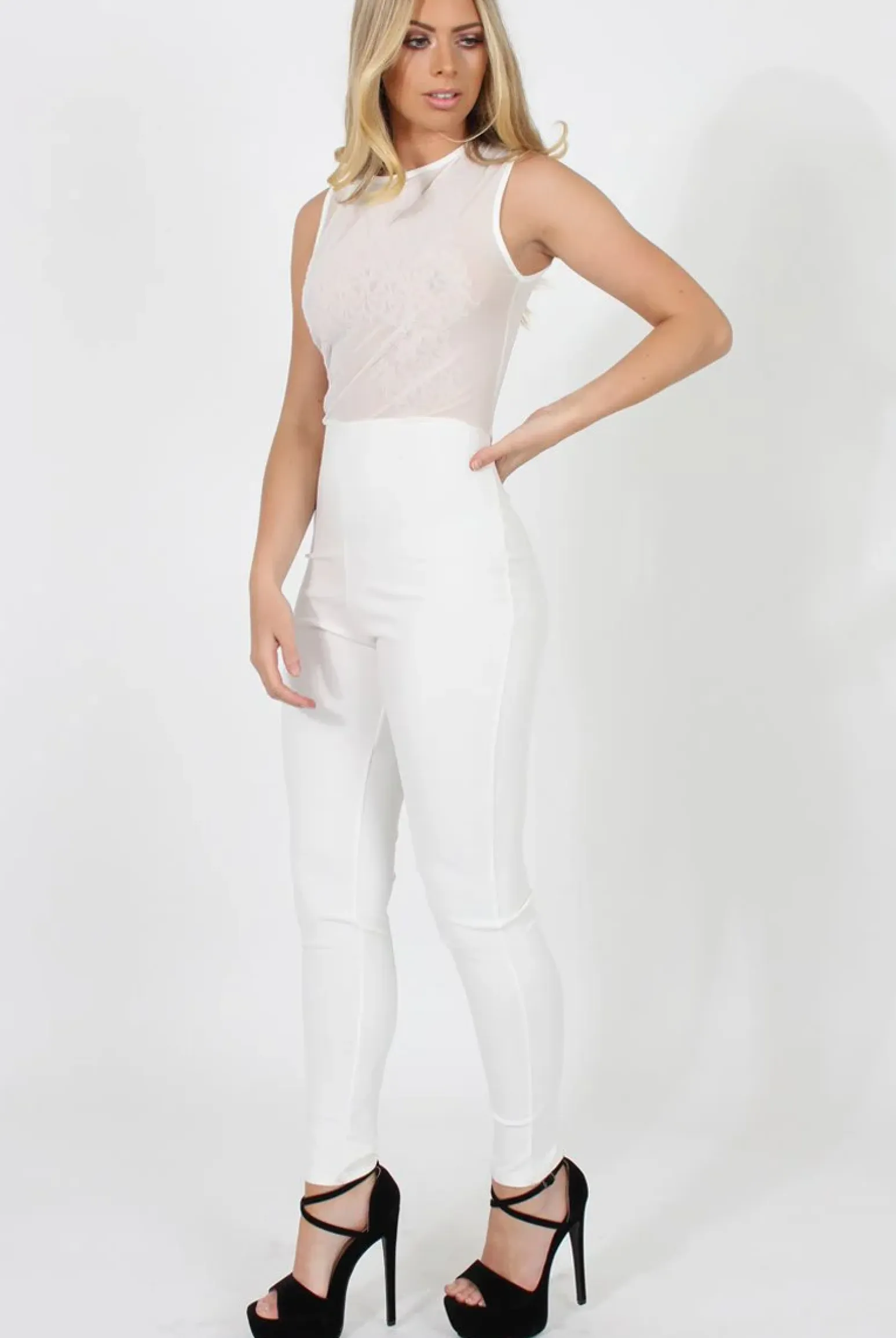 Rebellious Fashion White Mesh Flocked Jumpsuit - Keira