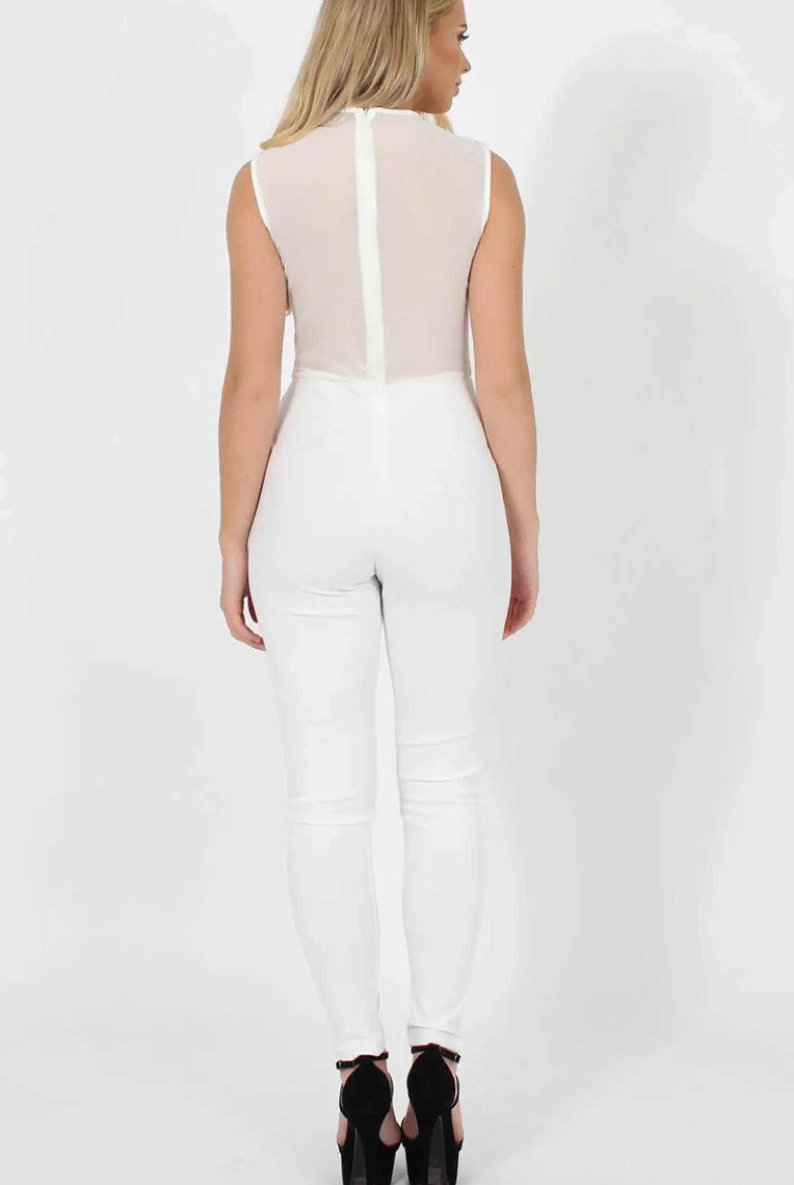 Rebellious Fashion White Mesh Flocked Jumpsuit - Keira