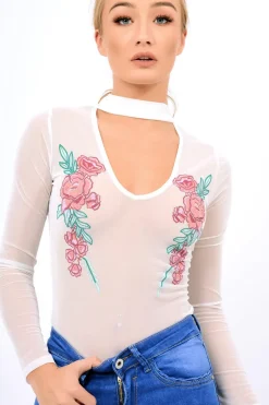Rebellious Fashion White Mesh Floral Choker Bodysuit - Bryleigh
