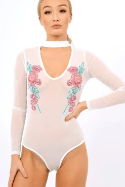 Rebellious Fashion White Mesh Floral Choker Bodysuit - Bryleigh