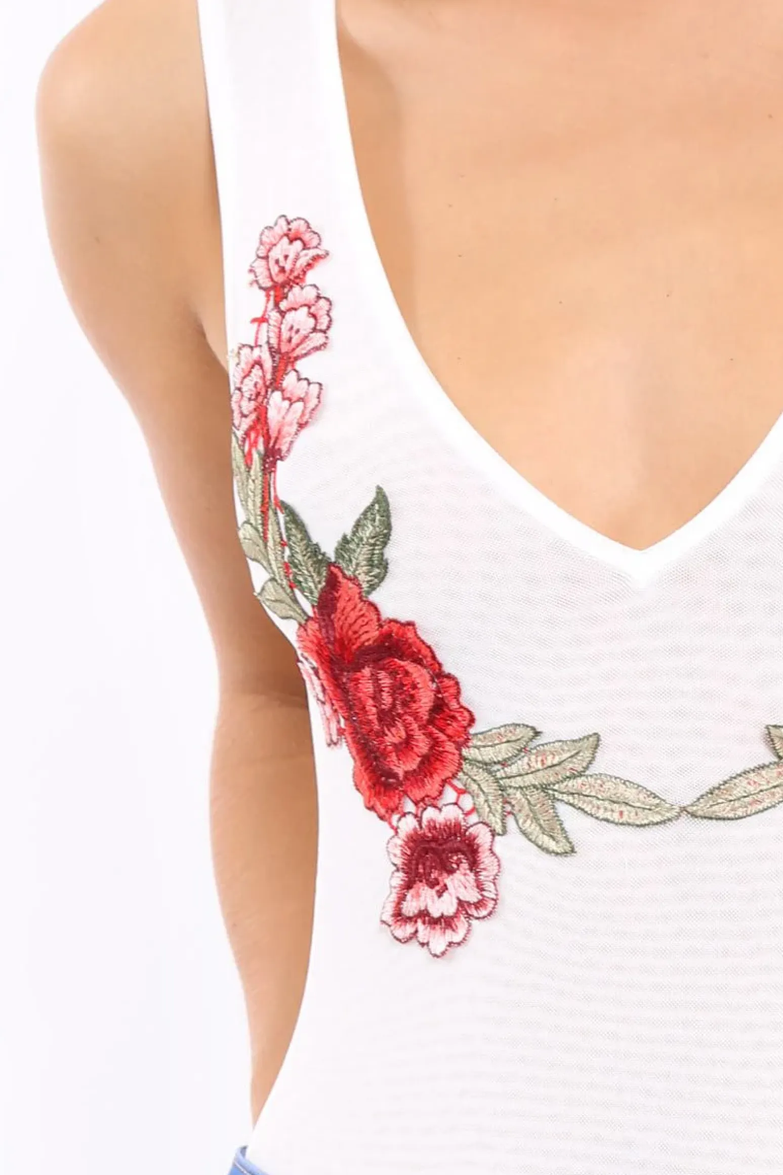 Rebellious Fashion White Mesh Floral Embroidered Plunge Bodysuit - Elenore
