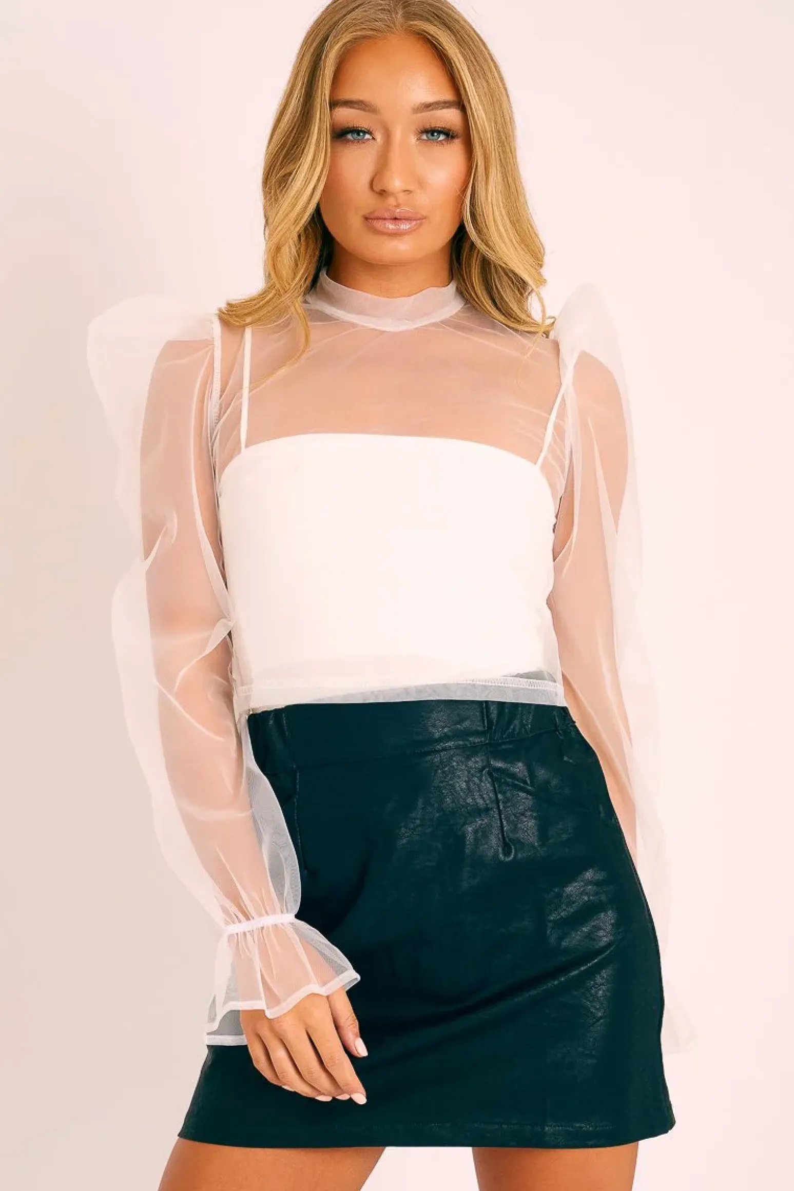 Rebellious Fashion White Mesh High Neck Open Back Blouse - Anthea
