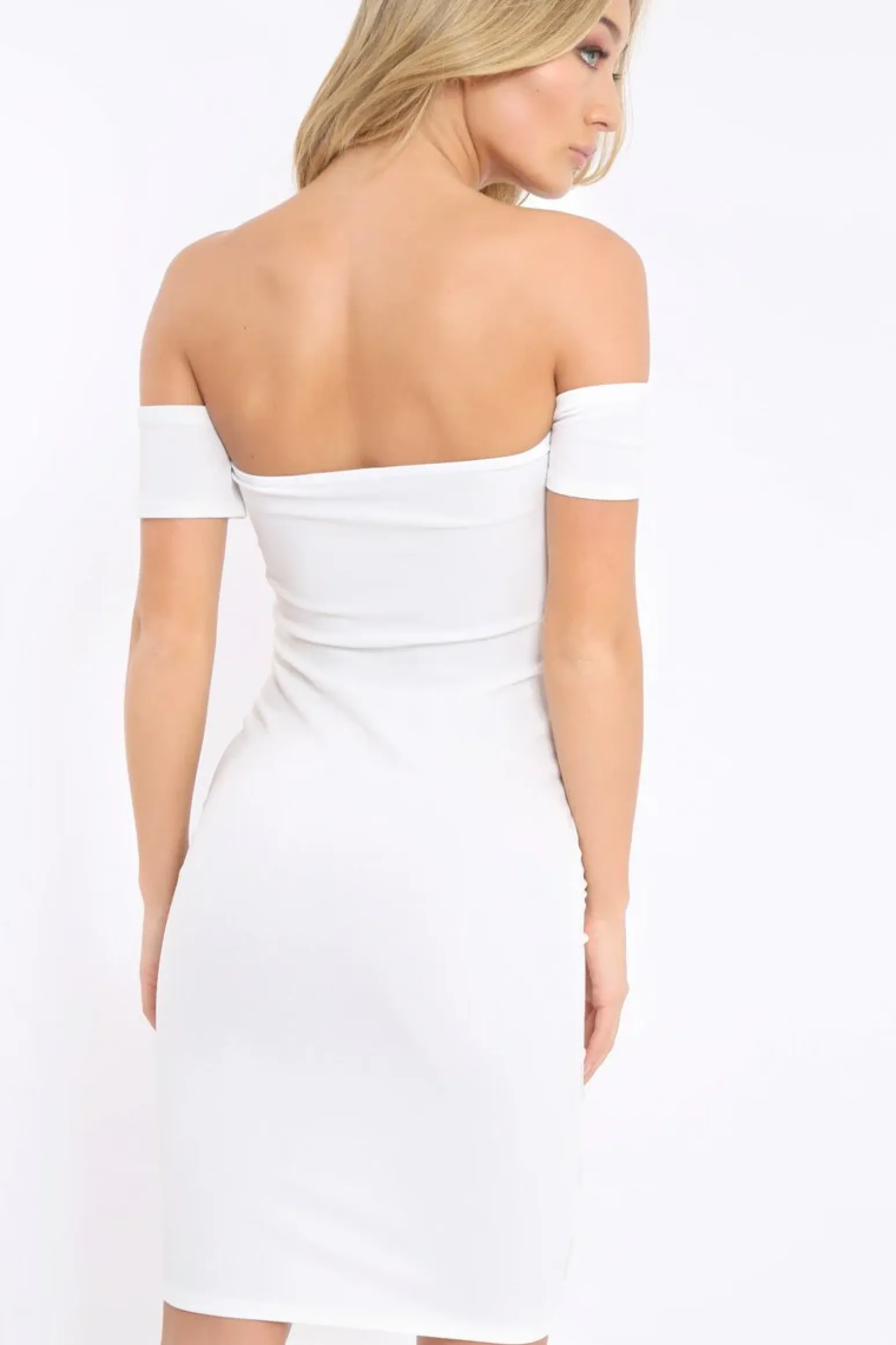 Rebellious Fashion White Mesh Insert Bardot Bodycon Dress - Camila