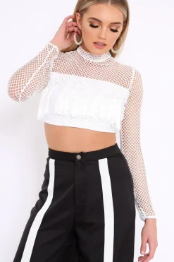 Rebellious Fashion White Mesh Long Sleeve Crop Top With Sequin And Tassel Detailing - Elyssia