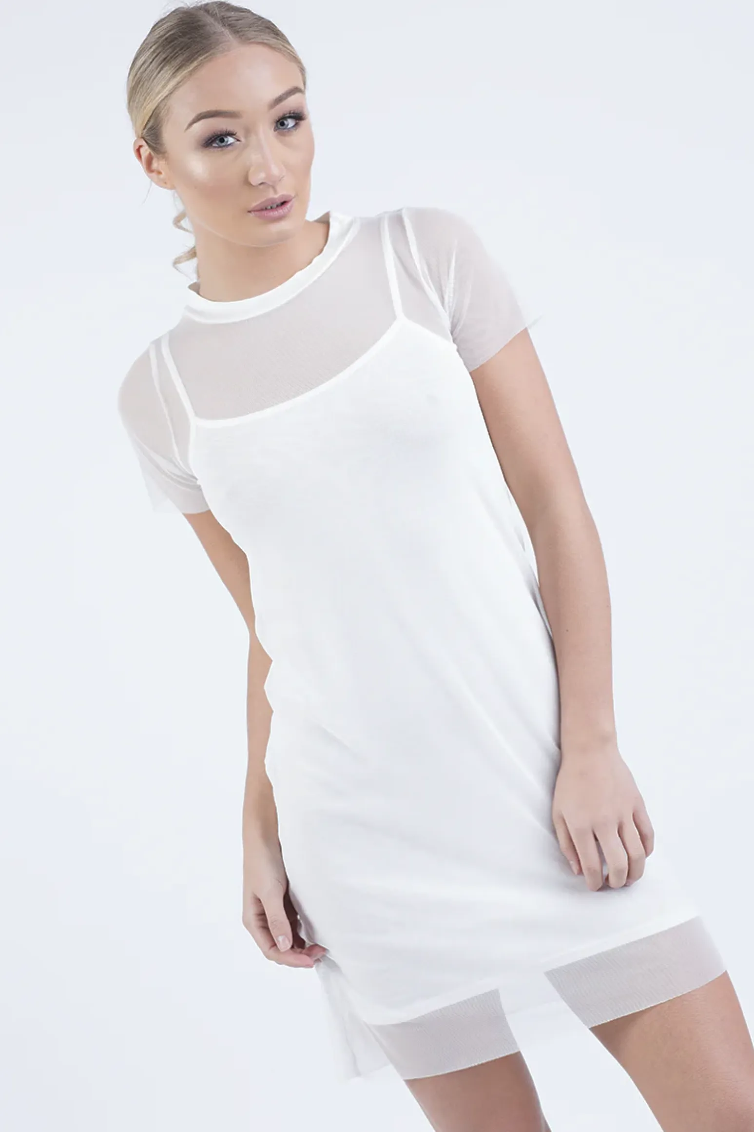 Rebellious Fashion White Mesh Overlay T-Shirt Dress - Selena