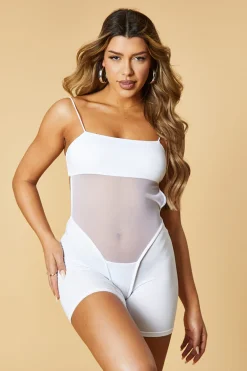 Rebellious Fashion White Mesh Panel Shoulder Strap Playsuit - Hatsu