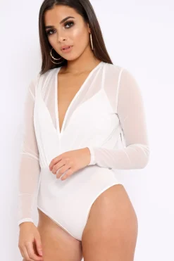 Rebellious Fashion White Mesh Plunge Front Bodysuit - Eyra