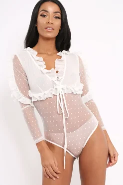 Rebellious Fashion White Mesh Polka Dot Bodysuit - Pennie