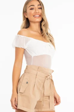 Rebellious Fashion White Mesh Puff Sleeve Tie Front Bodysuit - Suki