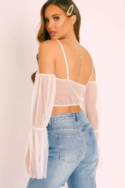 Rebellious Fashion White Mesh Ruched Button Front Crop Top - Tula